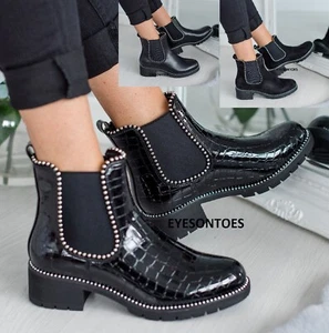 DAMEN GROBE SOHLE CHELSEA NIEDRIGER BLOCKABSATZ FLACH DAMEN STIEFELETTEN MIT NIETEN SCHUHE STIEFEL - Bild 1 von 41