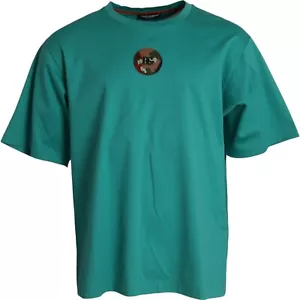 DOLCE & GABBANA T-shirt Green Logo Patch Round Neck Cotton IT54/US44/XL 680usd - Picture 1 of 5