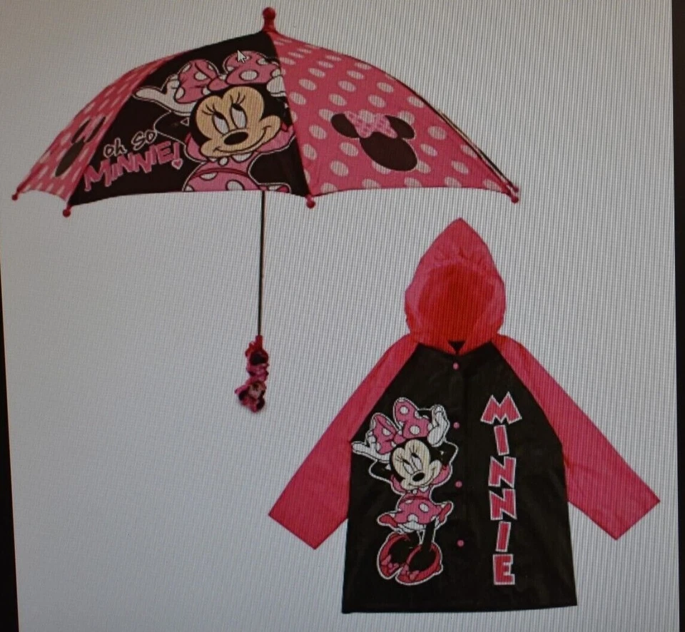 Juego de 2 piezas paraguas para niños Disney Minnie Mouse con poncho de lluvia a juego rosa negro Foto 1 de 4