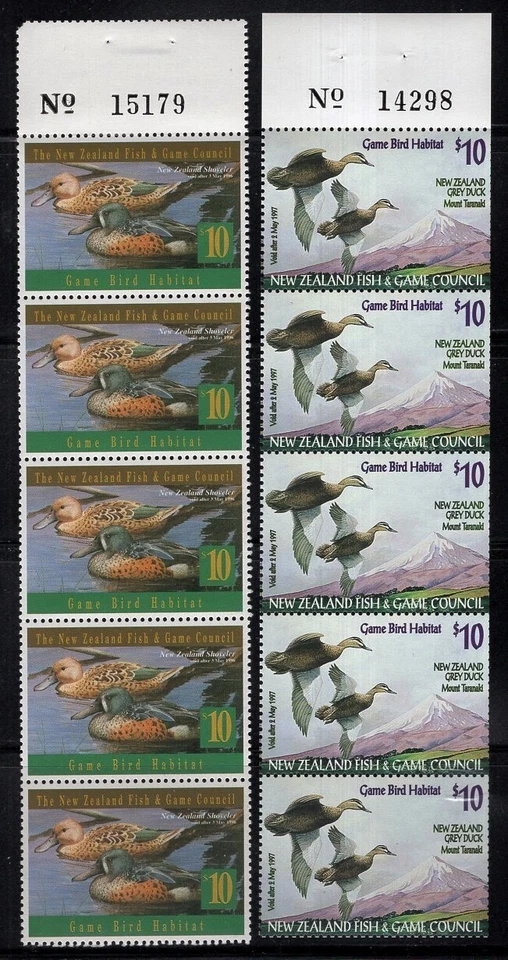 New Zealand 1996-97 $10 Duck Stamps Booklet Panes of 5 MNH - Image 1 of 1