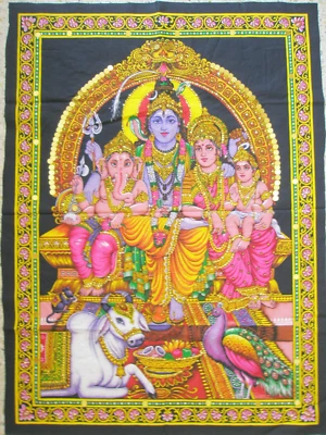 Lord Shiva Hindu Elephant God Ganesh Parvati Tapestry Indian Wall Hanging Poster - Image 1 of 3
