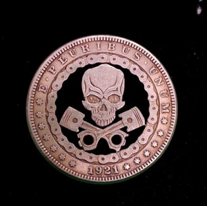 Hand Cut Hobo Coin Dollar Skull Biker Mechanic Fantasy Goth Art Hobo Nickel - Picture 1 of 3