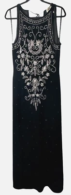 VTG Y2K Stenay Black Velvet White Beaded 10 Maxi Dress Sleeveless 90s Goth Fairy - Image 1 of 4