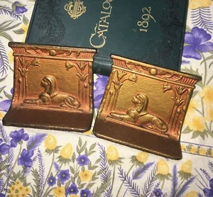 perfect patina! ANTIQUE 1920's Egyptian Sphinx bookends rose-gold color! beauty! - Picture 1 of 17