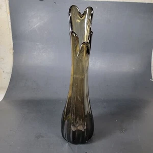 Vintage MCM Large 10” 5 Finger Charcoal Glass Swung Vase Stunning Color - Picture 1 of 3