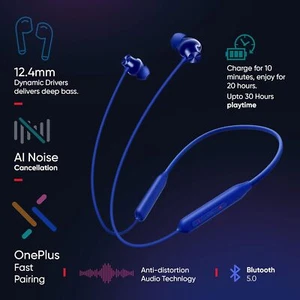 Oneplus Bullets Wireless Z2 {Beam Blue} || Bombastic-Bass 12.4mm-Drivers AiNC - Picture 1 of 7