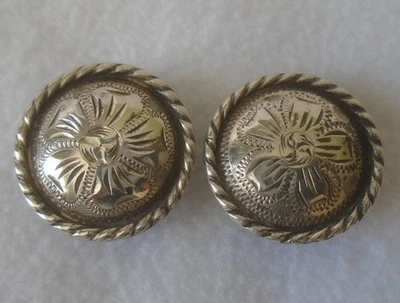 Pair (2) Vintage 1" STERLING Silver Overlay CONCHOS~BRIDLE~SPUR STRAPS~REINS - Image 1 of 4
