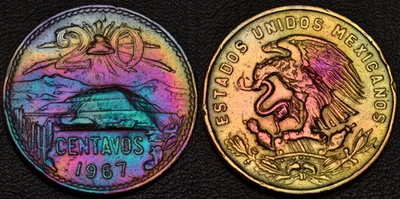 1967 Mexico 20 Centavos GORGEOUS RAINBOW TONING OBV & REV (L48-30) - Image 1 of 3