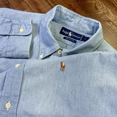 Vintage Ralph Lauren Chambray Shirt Mens L Blue 100% Cotton Flesh Pony - Image 1 of 4