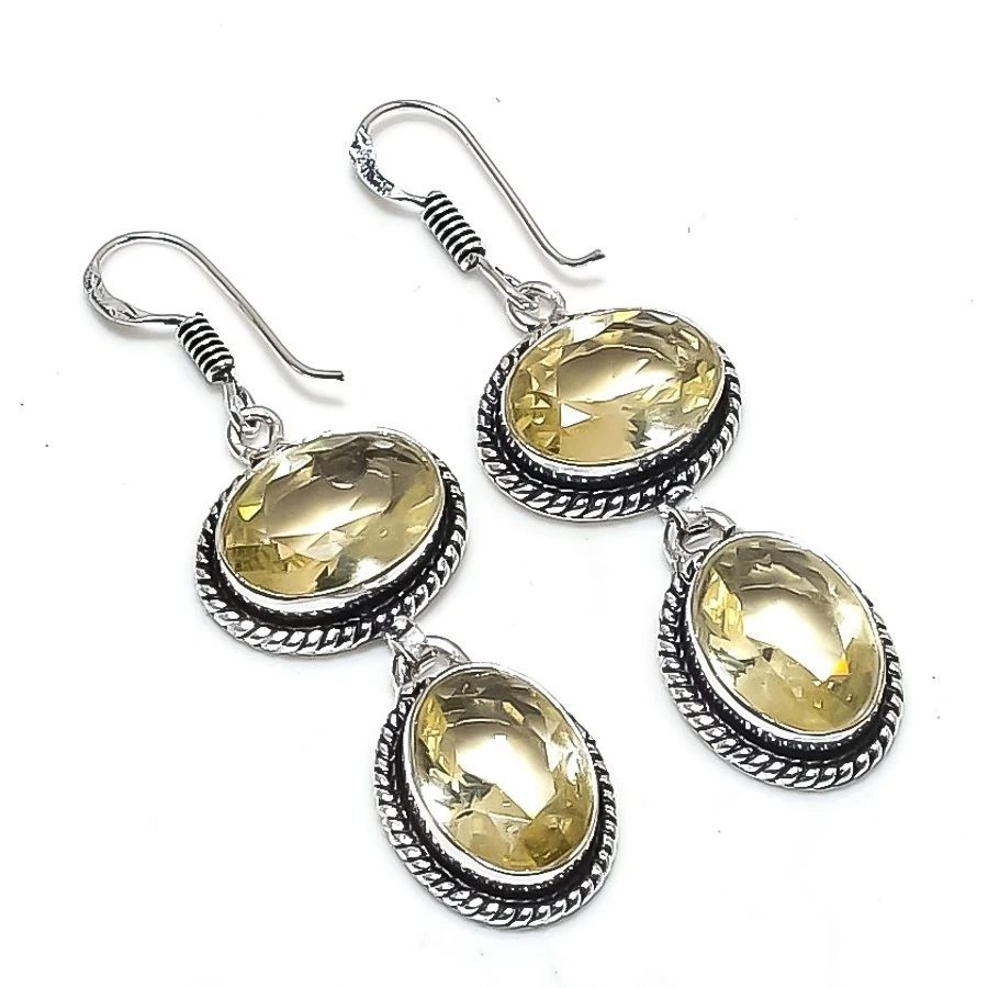 Pendiente de joyería de plata de ley 925 hecho a mano con piedras preciosas de cuarzo limón tamaño 2" Foto 1 de 1