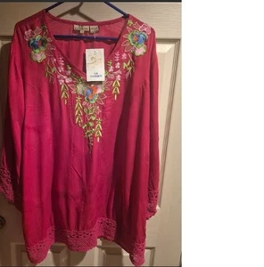 S.R. Mode Boho Kreuzfahrt Top Plus L rot Häkelborte Stickerei Tunika Bluse Neu mit Etikett - Bild 1 von 9
