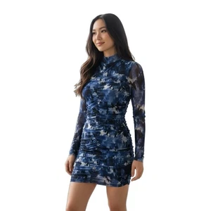 Nasty Gal Ruched Blue Black Mesh Gauze Long Sleeve Zip Bodycon Dress Size US 4 - Picture 1 of 5