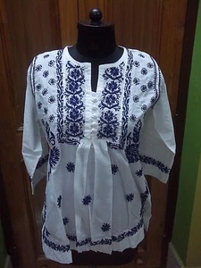 XL HANDMADE 100% COTTON TOP CHIKAN EMBROIDERY KURTI CROCHET BUTTON ETHNIC KURTA - Picture 1 of 5