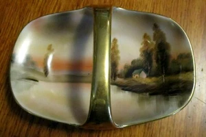 VINTAGE HANDPAINTED NIPPON GOLD HANDLED OVAL PORCELAIN DISH~FALL LAKE SCENE - Imagen 1 de 10