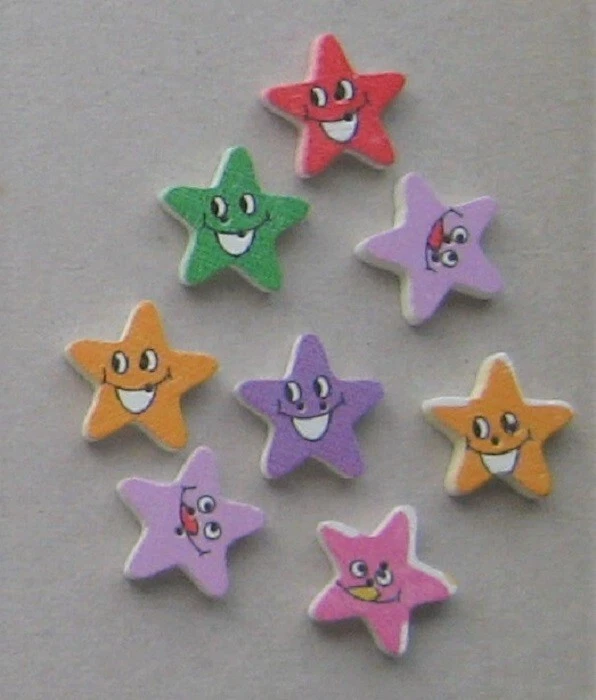 CRAFT-SEW/KNIT-SCRAPBOOK 8 x 16mm Asst Colour Smiley Stars Wood 2 Hole Buttons - Image 1 of 1