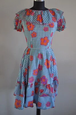 Vestido de Baile Cuadrado Vintage Moda Occidental Denver Azul a Cuadros Floral Foto 1 de 4