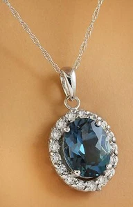 2.00 Carats Natural London Blue Topaz and Diamond Pendant in 14k White Gold - Picture 1 of 3