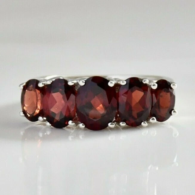 Ring 925 Garnet Silver Sterling Stackable Band Gemstone Red Natural Size Stone  - Image 1 of 4