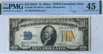 $10 1934A PMG45 CHOICE EXT FINE N AFRICA WWII EMERGENCY ISSUE YELLOW SEAL   9163 - Image 1 of 4