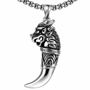 Mens Wolf Teeth Pendant Necklace Dragon Head Stainless Steel Punk Biker - Picture 1 of 6