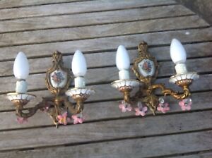 PAIR OF ANTIQUE BRONZE & PORCELAIN FRENCH DOUBLE WALL LIGHT SCONES CHATEAU