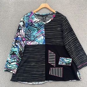Ali Miles Top Womens Medium Petite Black Multi Mix Fabric Long Sleeve Pullover - Picture 1 of 10