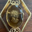 Vintage Gold Tone Amber Colored Cameo with Diamond Shaped Setting Retro Repro
