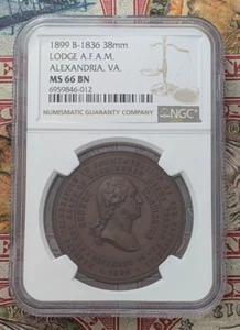 Lodge A.F.A.M. 1899 Medalla masónica Alexandria VA. B-1836 38 mm MS66 marrón NGC - Imagen 1 de 4