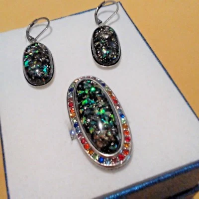 Lab Created Black Opal Multi Color Crystal Stainless Steel Ring/Earrings Sz 6 - Image 1 of 4