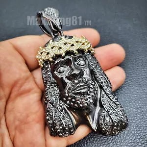 HIP HOP ICED HEMATITE PLATED BLING CUBIC ZIRCONIA LARGE BLACK JESUS PENDANT - Picture 1 of 6