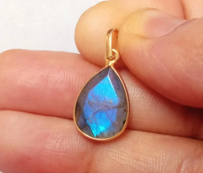 Natural Labradorite Charm Necklace, 18k Yellow Gold Pendant , Handmade Jewelry - Image 1 of 4