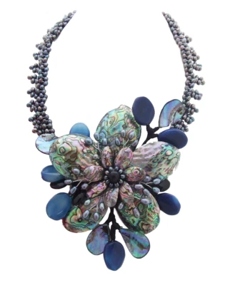 Freshwater Black Pearl Abalone Shell Agate Flower Statement Necklace - Image 1 of 4