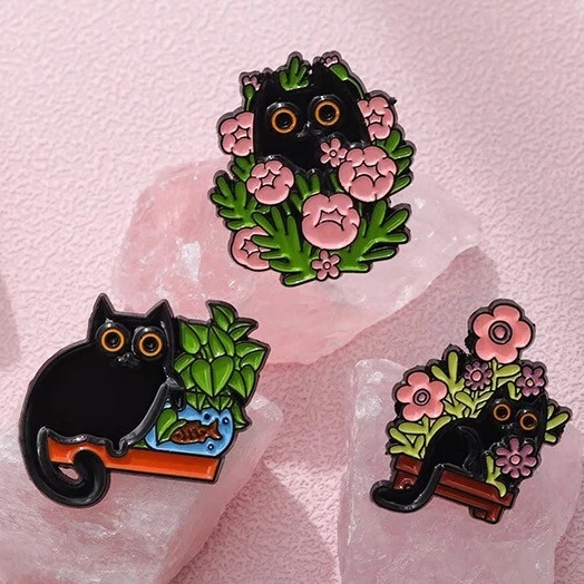 Cute Black Cats & Flowers Plants Fish Bowl Enamel Brooch Pin Badge & Gift Bag - Image 1 of 1