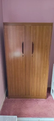 Vintage 1950s-60s Albro Teak-Effect Double Wardrobe with Keys – Retro Storage - Image 1 of 4