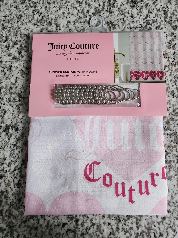 NUEVO CON ETIQUETAS JUICY COUTURE CORTINA DE DUCHA CON GANCHOS 70 X 72 LOGO CORAZONES BLANCO ROSA NUEVO Foto 1 de 4