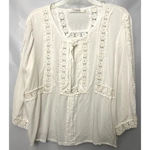 Solitaire Tops Woman's White Lace Detail Crochet Blouse 3/4 Sleeve Through Sz 2X - Picture 1 of 8