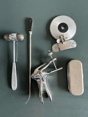C 1910 Doctor Medical Tools w/ Head Mirror, Speculum, Hammer, Probe & Syringe NR - Image 1 of 4