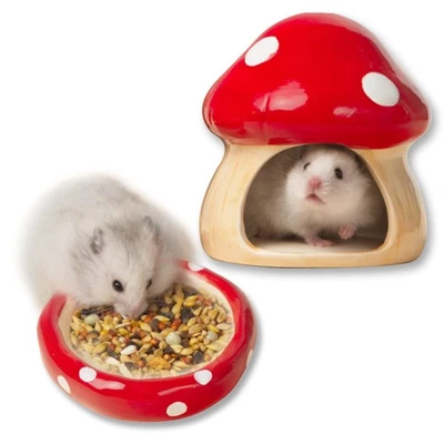 Cogumelo de cerâmica casa de porquinhos-da-índia cama de esconder hamster inclui arco de comida para hamsters... - Imagem 1 de 4