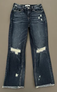 Flying Monkey Distressed Dark Wash Straight Leg Jeans Womens 26 Raw Hem Stretch - Picture 1 of 12