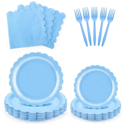 96 peças conjunto de guardanapos pratos de papel azul claro serve 24 pratos recortados festa - Imagem 1 de 4