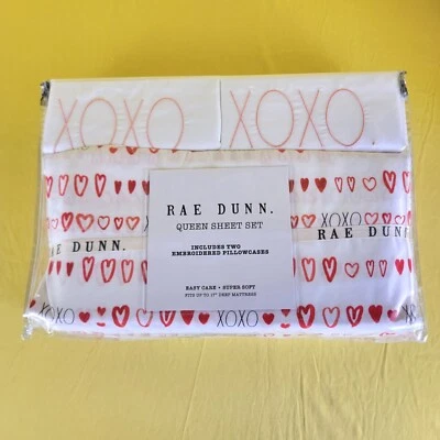 RAE DUNN Queen Sheet Set Embroidered Pillowcases XOXO Hearts Red Love Romantic  - Image 1 of 3