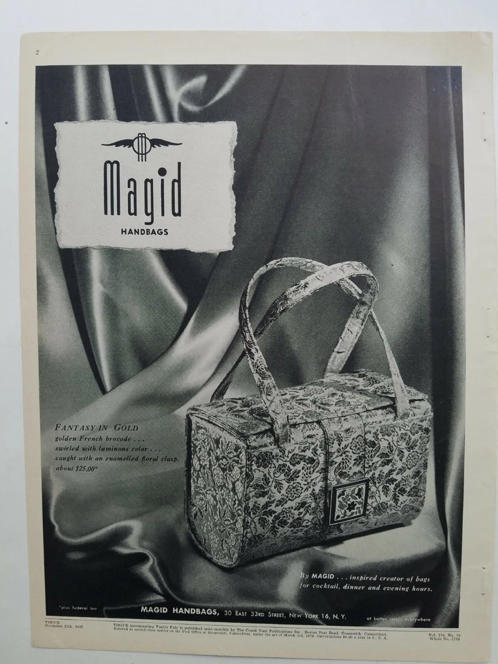1947 womens Magid French brocade handbag fantasy in gold vintage ad - Image 1 of 1