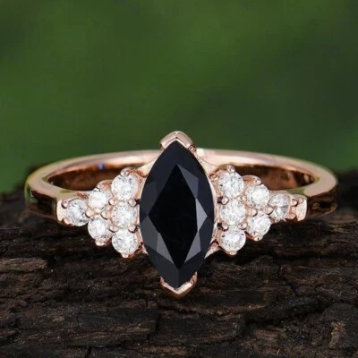 Anillo de oro rosa sólido de 14 k 100 % real de ónix natural y diamantes talla marquesa de 3,50 quilates Foto 1 de 4