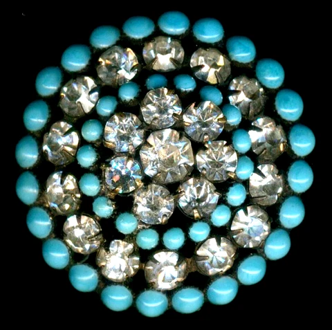 Labor Intensive Turquoise Glass & Rhinestone Antique Button-1&3/16", Larger One Cover