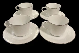 Set of 4 Noritake China Reina Cups & Saucers Floral Platinum RimWhite 6450Q EUC - Picture 1 of 10