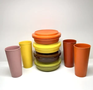 Lot of 8 VTG Tupperware Seal N Serve Bowls & Tumblers Harvest Colors Pink Rose - Picture 1 of 8
