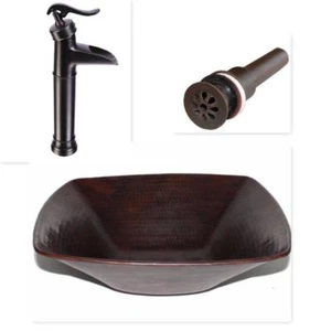 15" Square Copper Vessel Vanity Sink with Daisy Drain & ORB Faucet - Picture 1 of 4