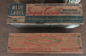 Two 2 wooden Wisconsin cheese boxes 2lb PABST Blue Label 24 ounce Ole N Sharpe - Picture 1 of 10