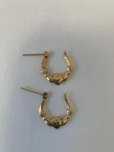 14K solid yellow gold Irish Claddagh small hoop earrings 1/2 inch made by JCM - Picture 1 of 5