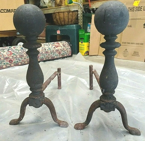 Antique Cast Iron Fireplace Andirons with log dogs Cannon Ball Top Welded Cover